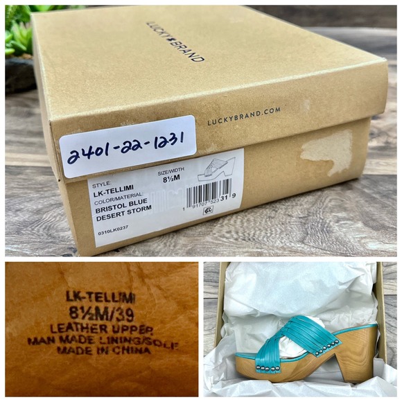 NIB Lucky Brand Tellimi 8.5M Platform Wedge Woven Leather Studded Sandals Blue - Picture 9 of 10